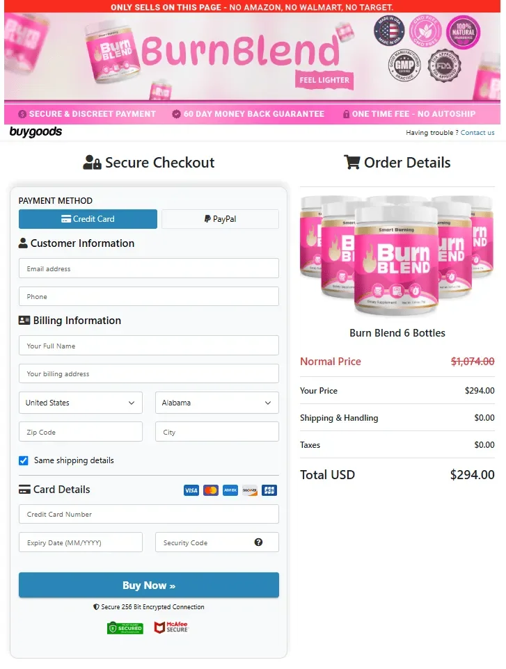 Burn Blend secure checkout page